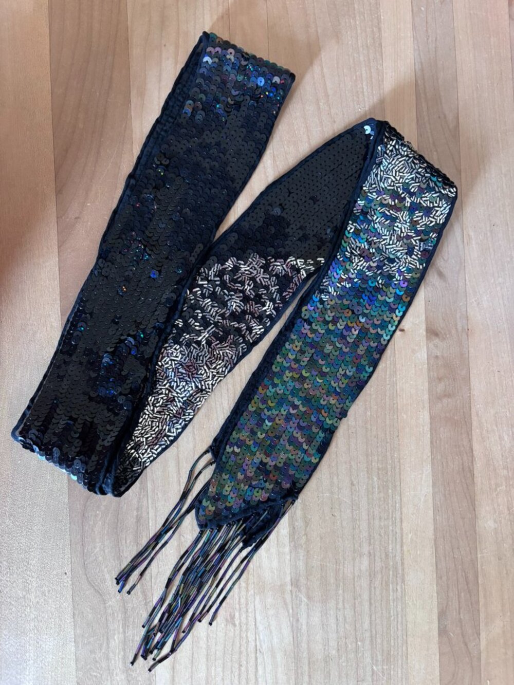 Black Sequin 80" long scarf with beaded fringe